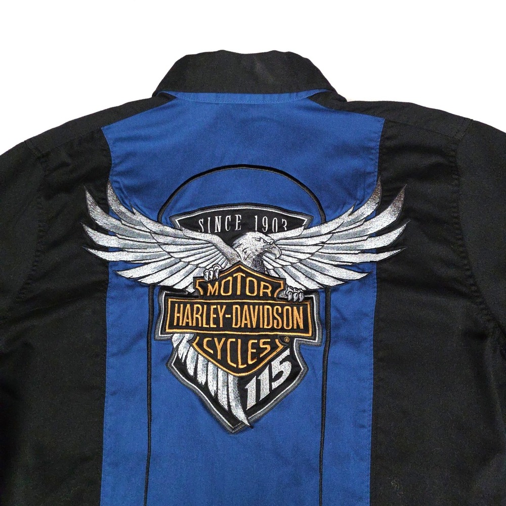 Harley Davidson 115th Anniversary Button Up Shirt Mens Medium Blue Black Cotton
